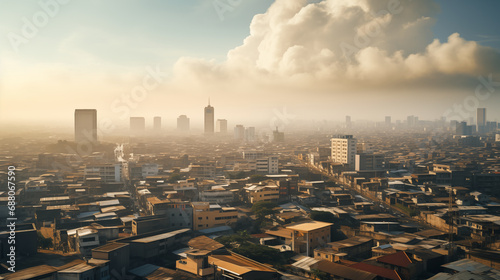 An aerial view of a sprawling African cityscape, showcasing urban life, African culture, bokeh, with copy space
