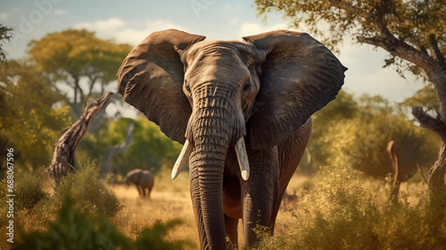 A majestic African elephant in its natural habitat, symbolizing wildlife, African culture, bokeh, with copy space