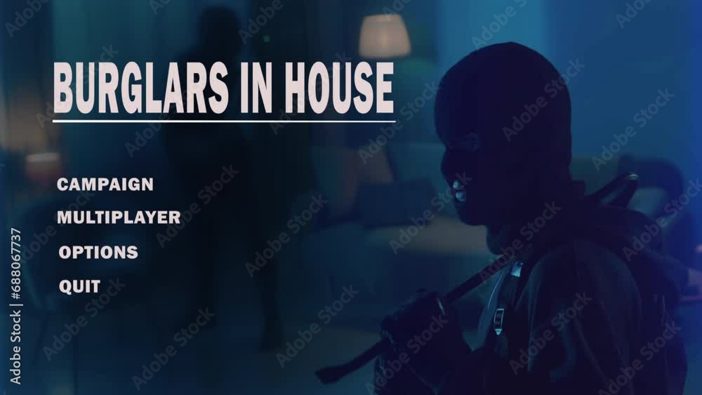 Interface buttons set for games or applications. First person game for professional gamers, Burglars in house. A thief sneaks into the house and tries to hack the database server, but is defeated.