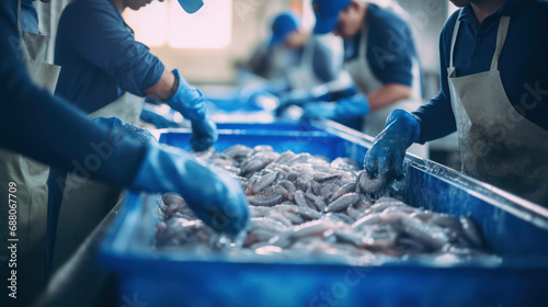Fish background factory business seafood food industrial fresh ocean sea production working market raw photo