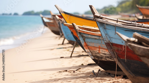 Traditional African fishing boats lined along a shore, African culture, bokeh, with copy space