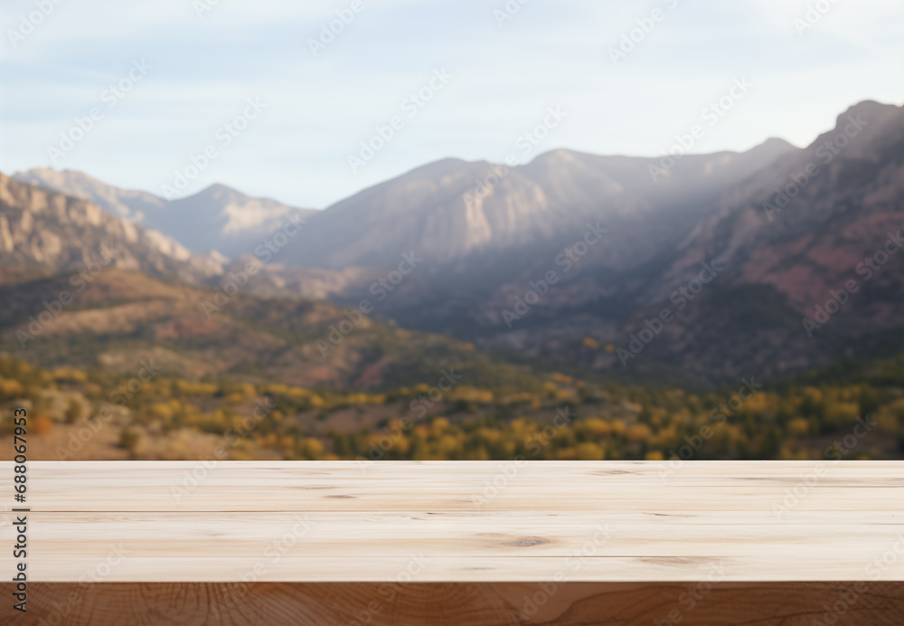 old Wooden  board empty table in front of blurred mountain natural background, brown wood, display products wood table. table Mock up for display of product