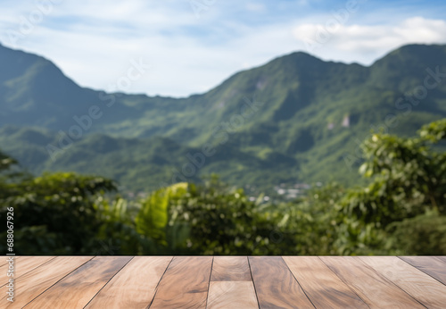 old Wooden  board empty table in front of blurred mountain natural background  brown wood  display products wood table. table Mock up for display of product
