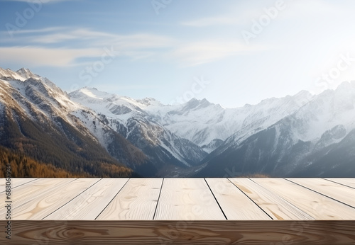 old Wooden  board empty table in front of blurred mountain natural background, brown wood, display products wood table. table Mock up for display of product © Divine123victory