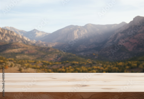 old Wooden  board empty table in front of blurred mountain natural background  brown wood  display products wood table. table Mock up for display of product