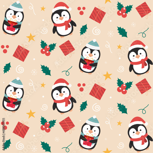 Seamless Christmas pattern with cute penguins. Ideal For Textile, Wallpaper, Fabric Prints or Wrapping Paper © Milart