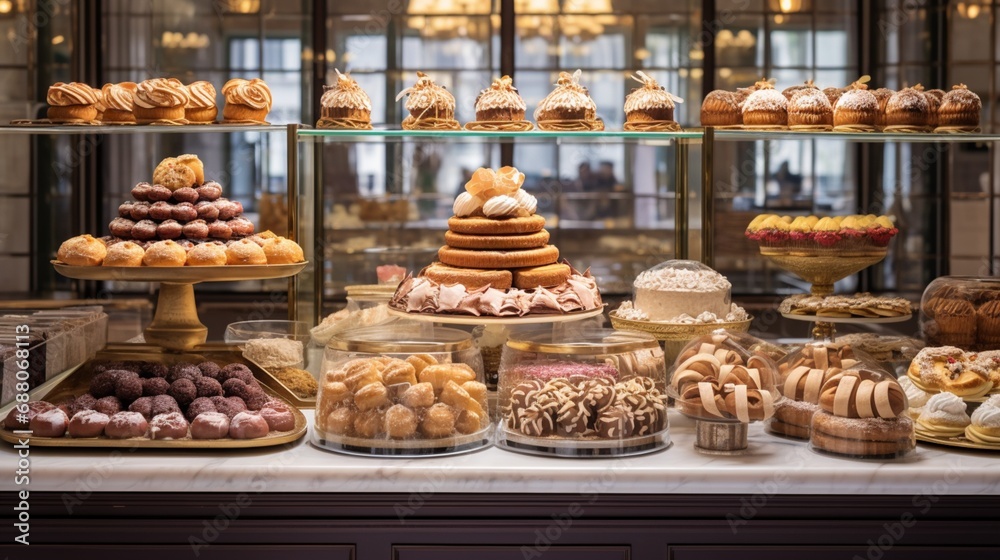 A Parisian patisserie display, showcasing an array of delicate pastries, croissants, and macarons, an epitome of French culinary finesse