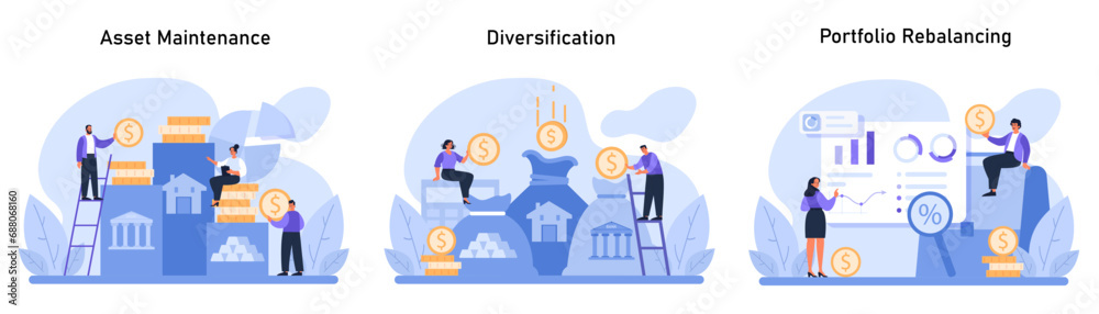 Wealth Management set. Illustrating asset upkeep, investment diversity, and portfolio adjustment tactics for financial growth. Flat vector illustration Wealth Management set. Illustrating asset upkeep, investment diversity, and portfolio adjustment tactics for financial growth. Flat vector illustration