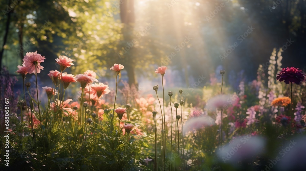 Αυτοκόλλητο A peaceful botanical garden with a myriad of flowers, their vibrant colors creat