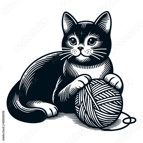 black cat with a yarn ball cute sketch