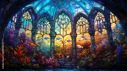 A painting of a fantasy underwater world