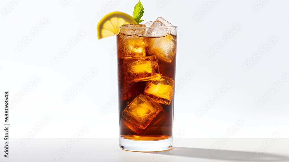Long Island iced tea cocktail served in a highball glass against a clean white backdrop Long Island iced tea cocktail served in a highball glass against a clean white backdrop
