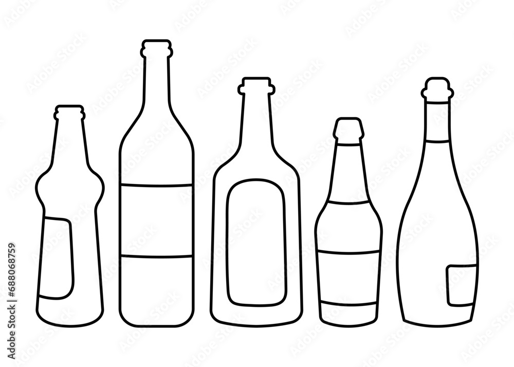 Set of empty alcohol bottles. Simple linear illustrations. Set of empty alcohol bottles. Simple linear illustrations.