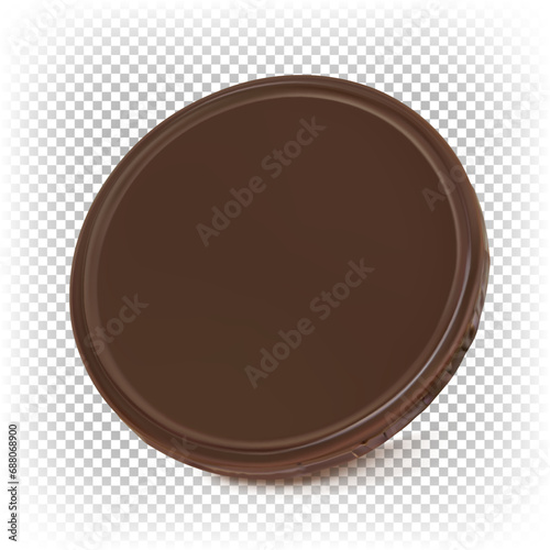 Round dark chocolate. Vector 3D illustration of a flat chocolate coin on a transparent background. photo
