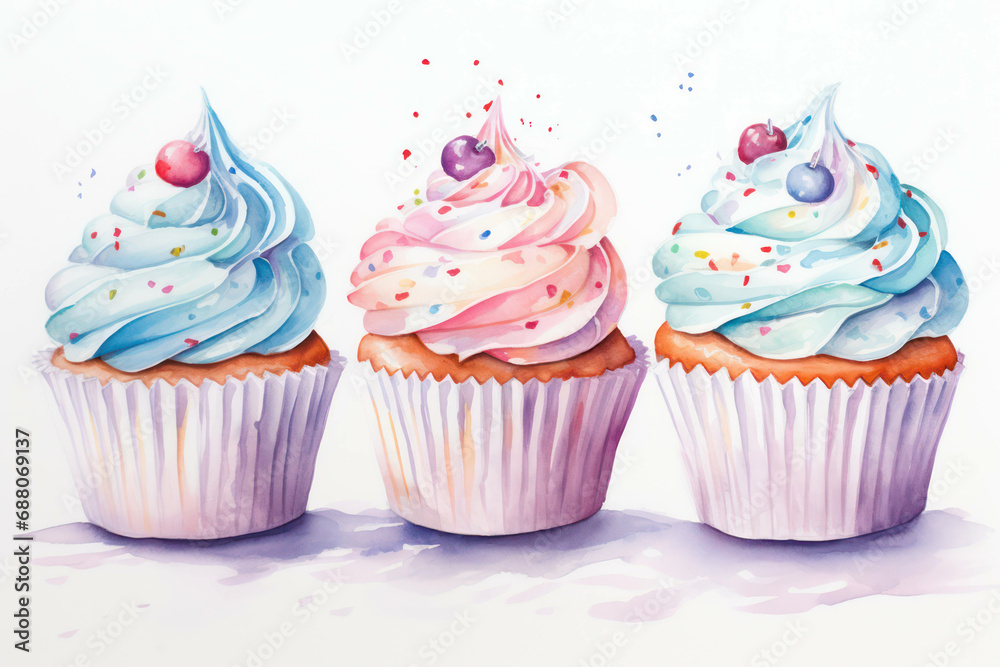 Cream celebrate cupcake dessert cake watercolor drawing food birthday illustration bakery background sweets