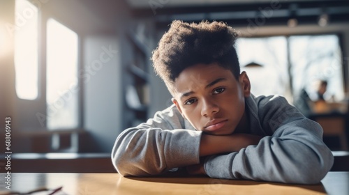 A sad afro teen boy sits alone at a classroom table, looking at the camera.