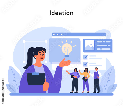 Ideation stage illustration. A leader presents a new concept while the team contributes with feedback, epitomizing collaborative idea generation. Flat vector illustration