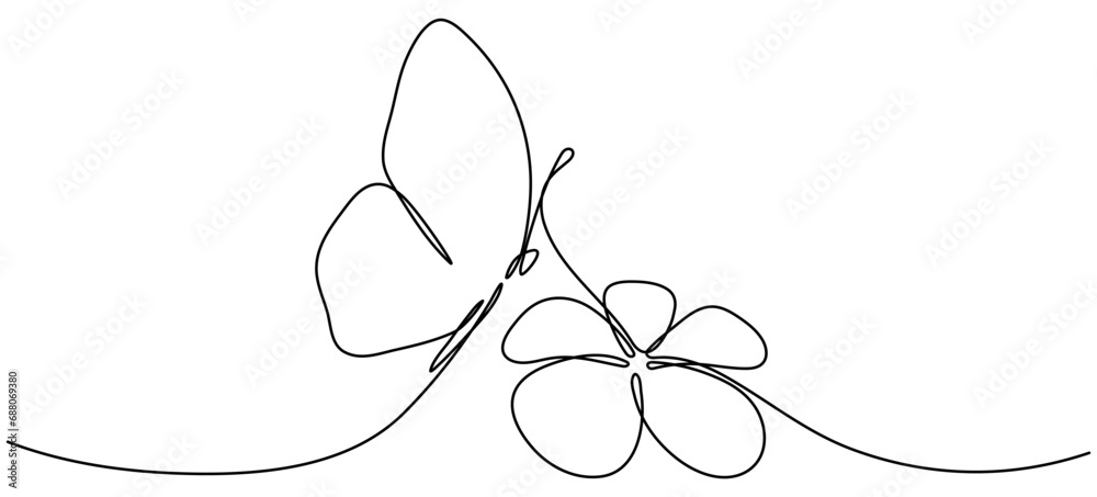 Fotografija Flower with flying butterfly continuous line art drawing