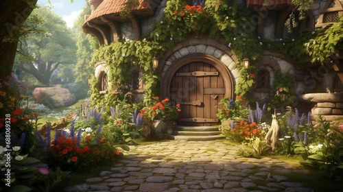 A picturesque cottage with a charming wooden door, framed by a blooming garden in the heart of a medieval village. photo