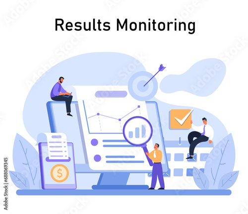 Team overseeing performance metrics on large dashboard, magnifying data details and ensuring accurate financial reporting. Results analysis in action. Flat vector.