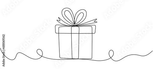 Gift box continuous line art drawing. Linear present with ribbon bow. Vector hand drawn illustration isolated on white.	