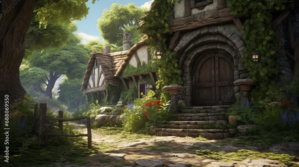 A quaint medieval cottage with a sturdy wooden door, nestled within a cobblestone village surrounded by lush greenery.