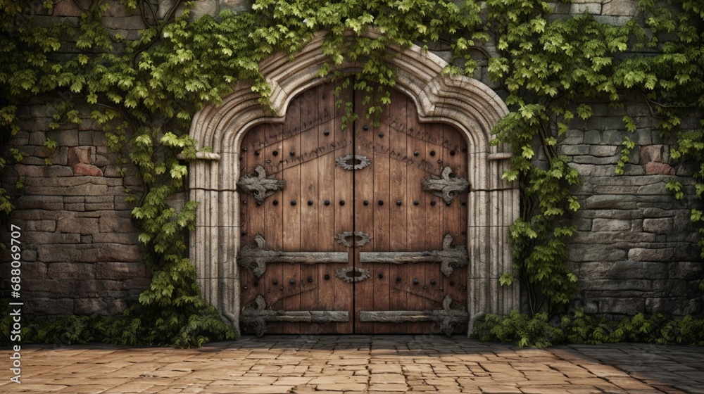 A rustic wooden door set into a ivy-covered stone wall, providing an entrance to a medieval courtyard. - obrazy, fototapety, plakaty 