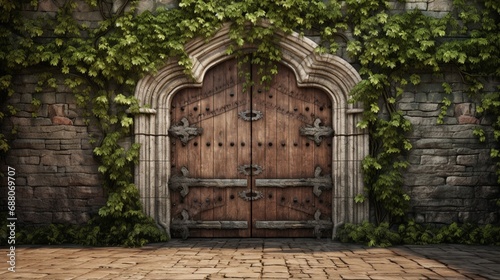 A rustic wooden door set into a ivy-covered stone wall, providing an entrance to a medieval courtyard. photo