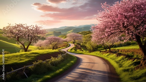 A picturesque countryside road lined with blossoming trees, the winding path fading into a soft blur as it leads toward distant, rolling hills