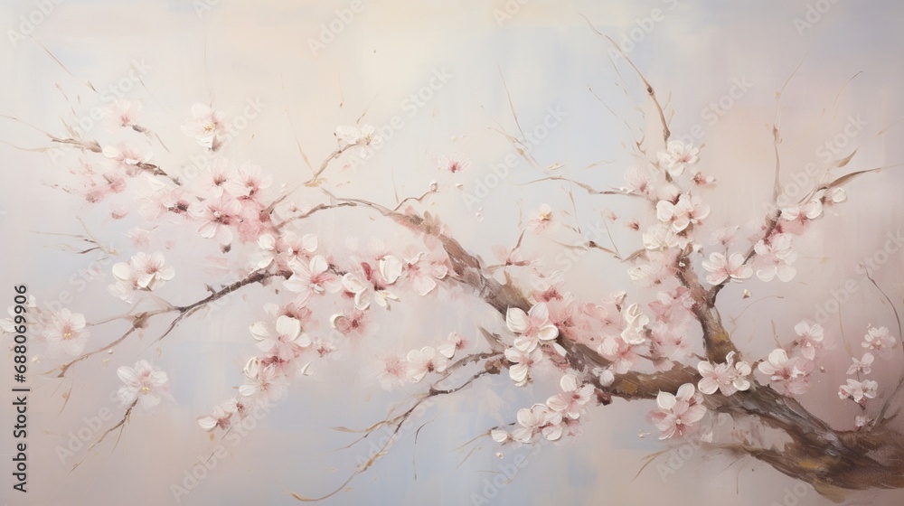 a gentle breeze scatters delicate cherry blossoms, creating a poetic and ephemeral floral art piece on a blank canvas. - obrazy, fototapety, plakaty 