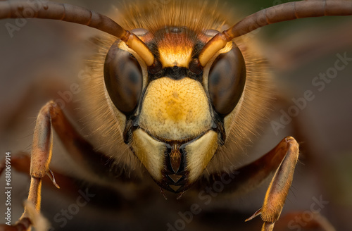 Detailed close-up view of head of  European hornet (Vespa crabro).