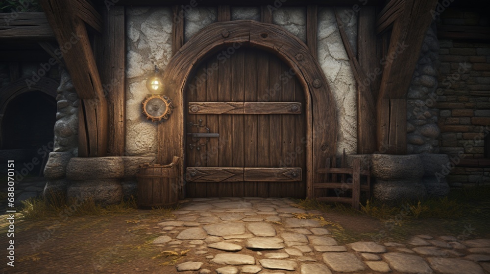 A small, arched wooden door tucked beneath a thatched roof, leading into a medieval blacksmith's workshop.