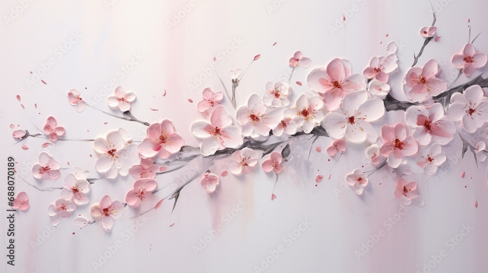 a gentle breeze scatters delicate cherry blossoms, creating a poetic and ephemeral floral art piece on a pure white backdrop. - obrazy, fototapety, plakaty 