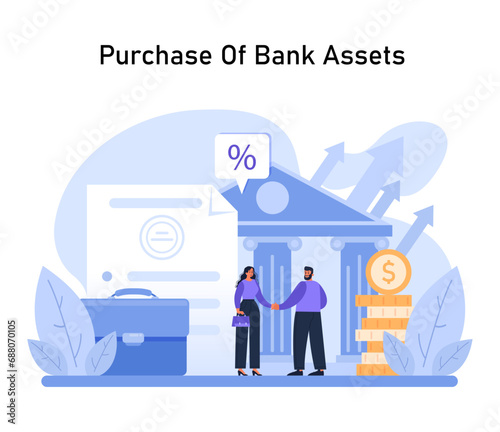 Banking Investment. Strategic acquisition of bank assets, sealing deals for financial advantage, and capital growth. Navigating the banking sector's investment opportunities. Flat vector.