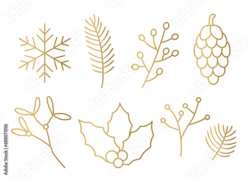 christmas, winter golden elements: cones, fir tree, mistletoe, snowflake, holly berry and pine cone- vector illustration photo