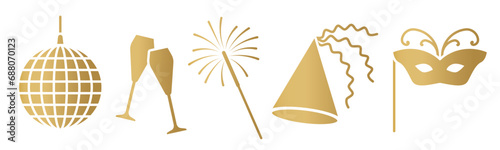 golden New Years Eve celebration elements: disco ball, champagne glasses, party hat and carnival mask, sparklers- vector illustration- vector illustration