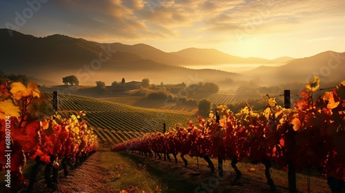 A picturesque vineyard in the midst of autumn, the foliage ablaze with warm colors that create a captivating bokeh against the blurred distant hills
