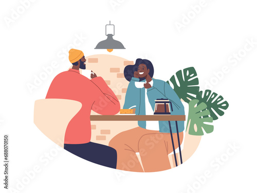 Romantic Black Couple Characters In Cozy Cafe, Bathed In Soft Light. They Share Smiles Over Steaming Cups