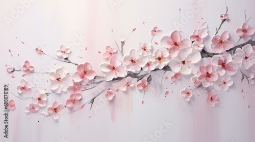 a gentle breeze scatters delicate cherry blossoms, creating a poetic and ephemeral floral art piece on a pure white backdrop.