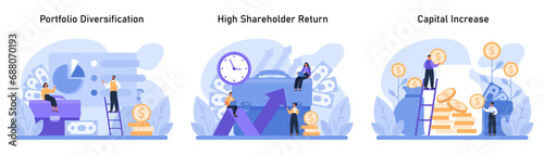 Wealth growth strategies set. Exploring portfolio diversification, maximizing shareholder value, and fostering capital increase. Financial prosperity visualized. Flat vector illustration