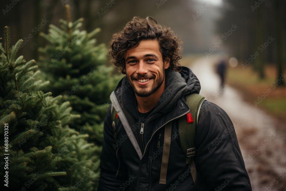A young man choosing a christmas tree from a market