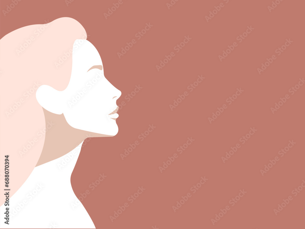 Pretty woman side view head silhouette. European elegant self confident feminine person side view portrait. Horizontal composition with a place for your text.