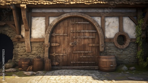A small  arched wooden door tucked beneath a thatched roof  leading into a medieval blacksmith s workshop.