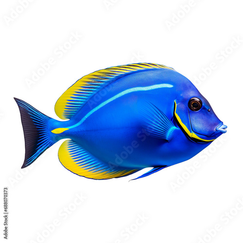 side view of Blue Tang fish swimming isolated on a white transparent background 