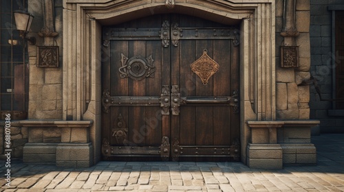 A stout wooden door with a iron knocker, set within the walls of a medieval town, surrounded by cobblestone streets. photo