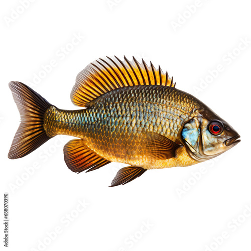 side view of Bluegill fish swimming isolated on a white transparent background 