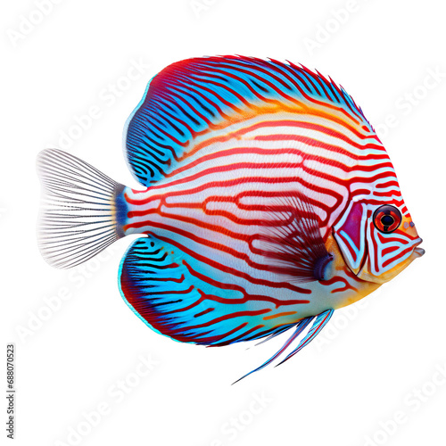 side view of Discus fish swimming isolated on a white transparent background 