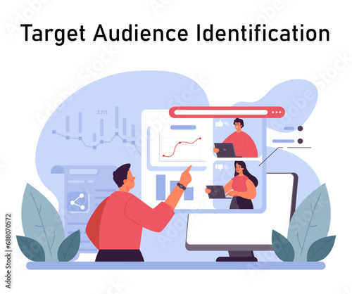 Target Audience Identification concept. Marketers collaborate on digital analysis to define the ideal customer profile, enhancing strategic focus. User demographics analysis. Flat vector illustration