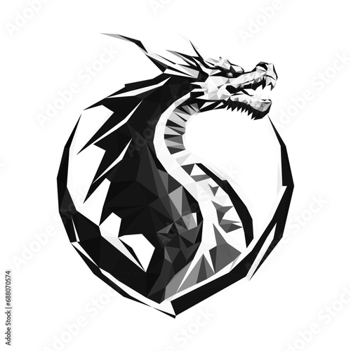 A low-poly vector flying dragon. A black and white polygonal dragon. The symbol 2024 is an illustration of a geometric dragon.