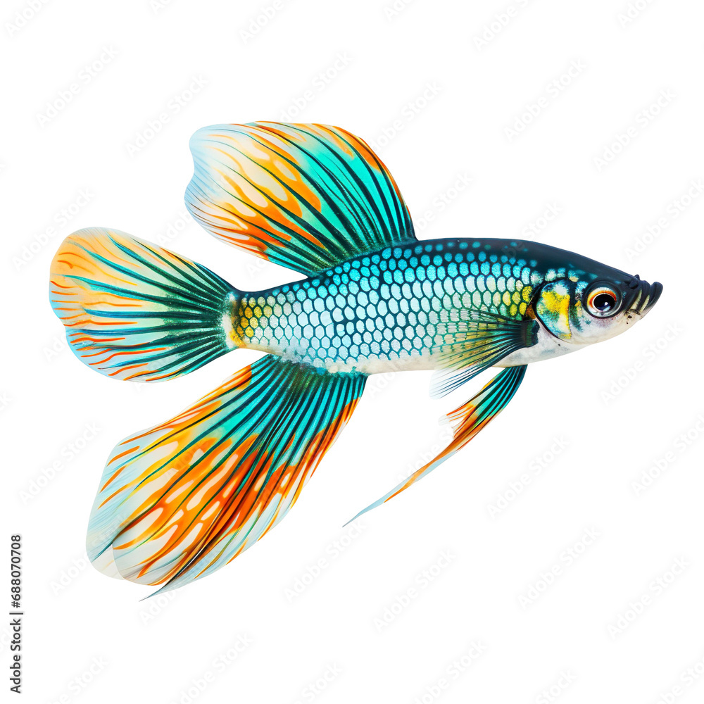 side view of Guppy fish swimming isolated on a white transparent background 